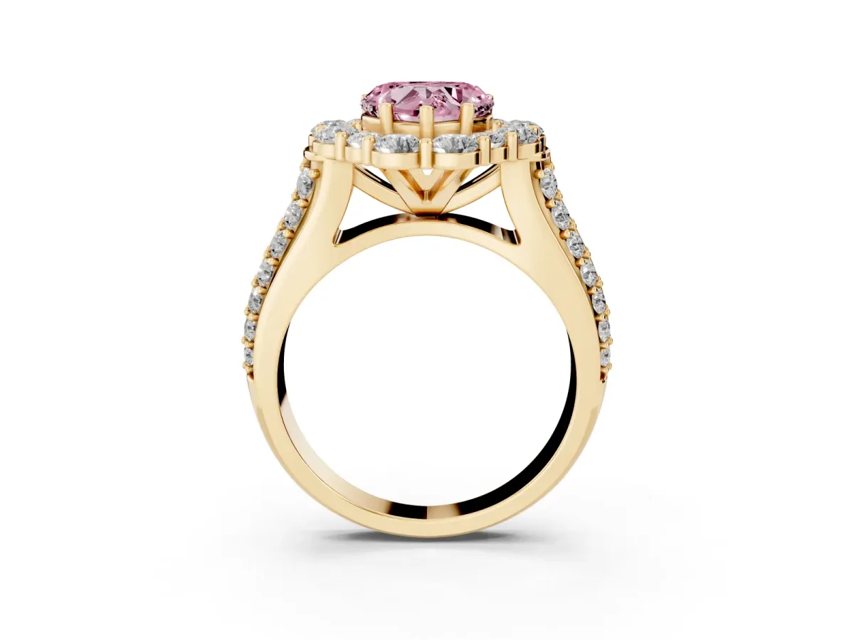 Fancy Pink Heart Cut Halo Diamond Engagement Ring with Split Shank and Prong Setting Yellow gold