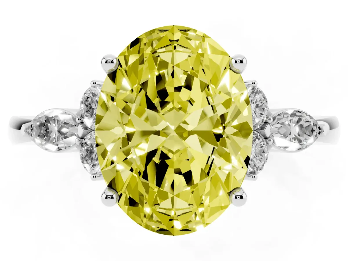 Fancy Yellow Oval Cut Brilliant Diamond Solitaire Ring with Pear Side Stones and Four-Prong Setting White gold