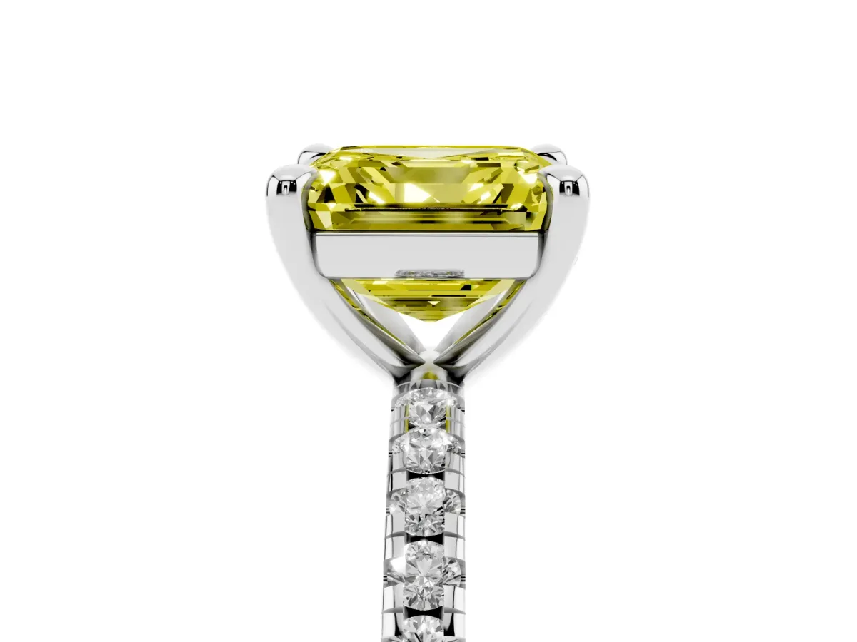 Fancy Yellow Asscher Cut Diamond Brilliant Solitaire Ring with Pavé Band and Four-Prong Setting Platinum