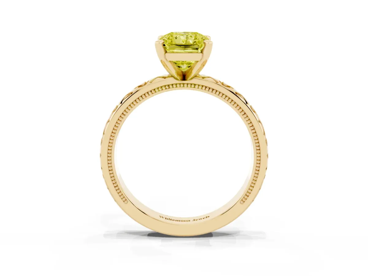 Fancy Yellow Radiant Cut Solitaire Diamond Engagement Ring with XO Engraved Band and Four-Prong Setting Yellow gold