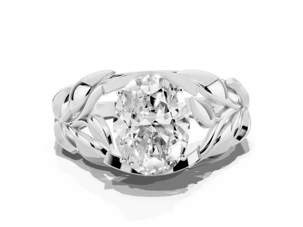Oval Cut Diamond Leaf-Inspired Engagement Ring with Round Accents and Prong Setting Silver