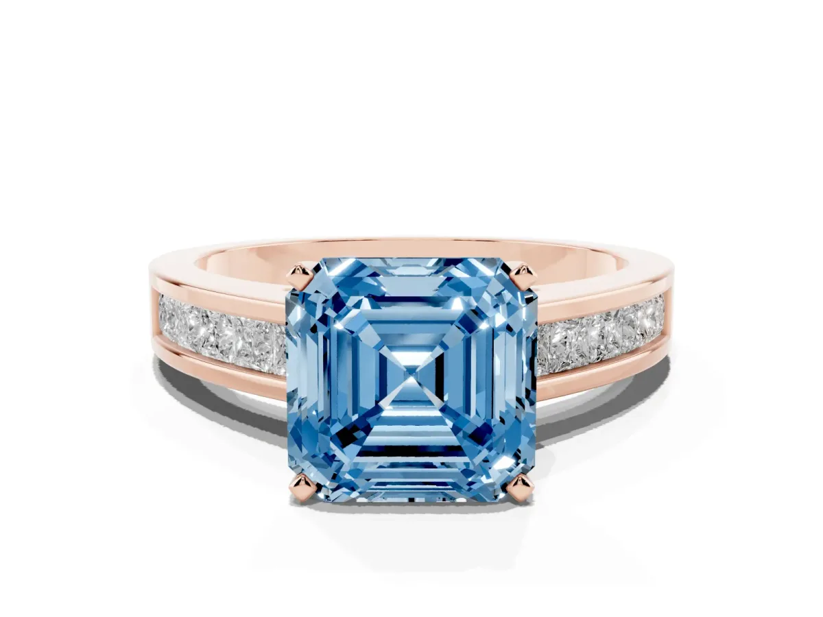 Fancy Blue Asscher Cut Solitaire Diamond Ring with Channel-Set Band and Four-Prong Setting Rose gold