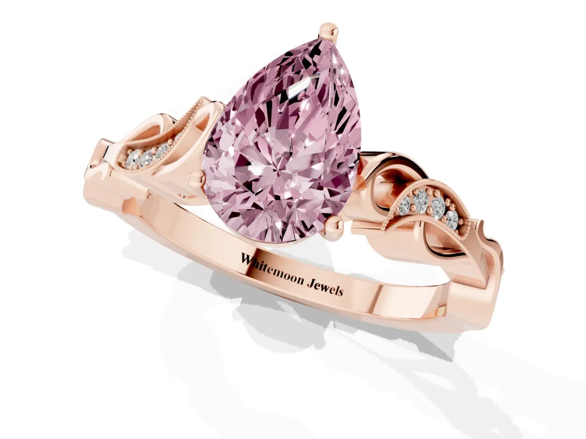 Fancy Pink Pear Cut Solitaire Vine Band with Milgrain Prong Setting Rose gold