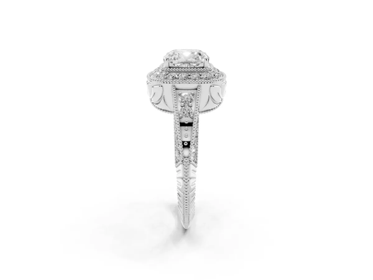 Cushion Cut Halo Diamond Split Shank Ring with Milgrain Detail Silver