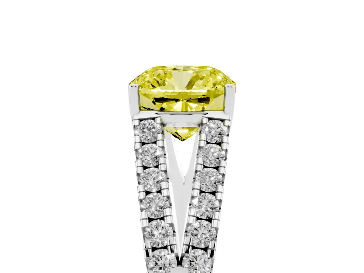 Fancy Yellow Cushion Cut Diamond Split Shank Engagement Ring with Round Pavé and Prong Setting Silver