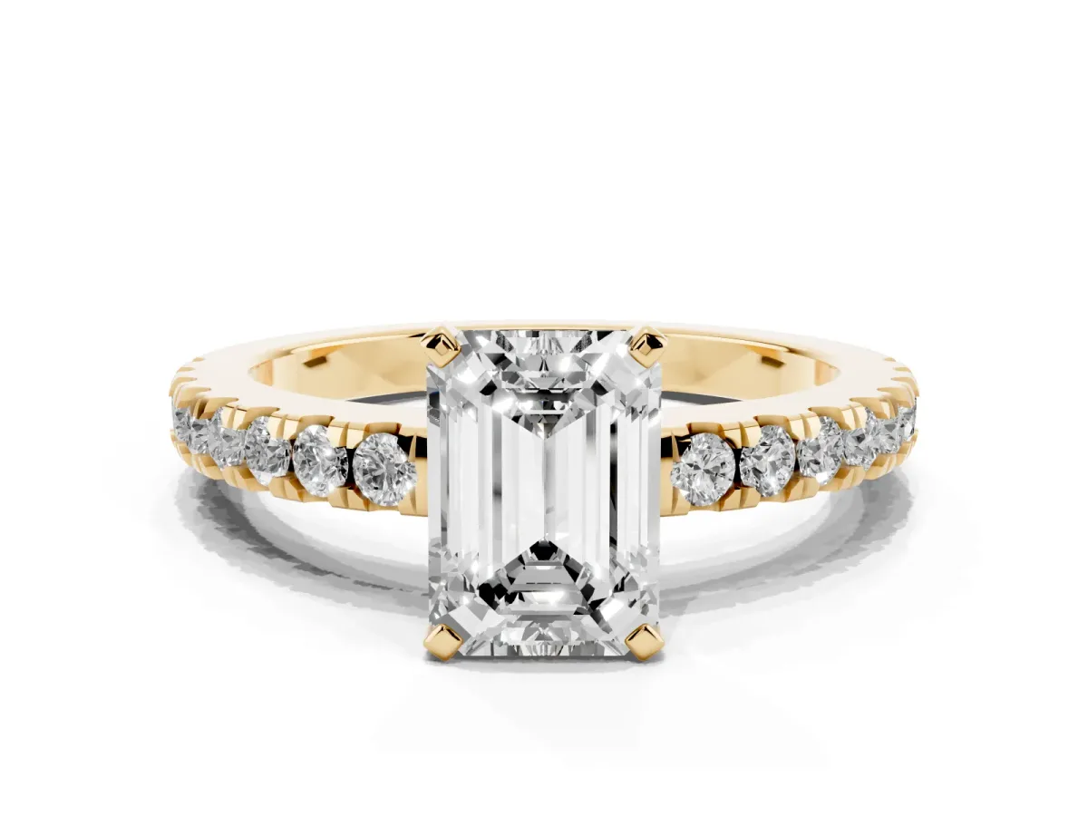 Emerald Cut Solitaire Diamond with Pavé Band and Four-Prong Setting Yellow gold