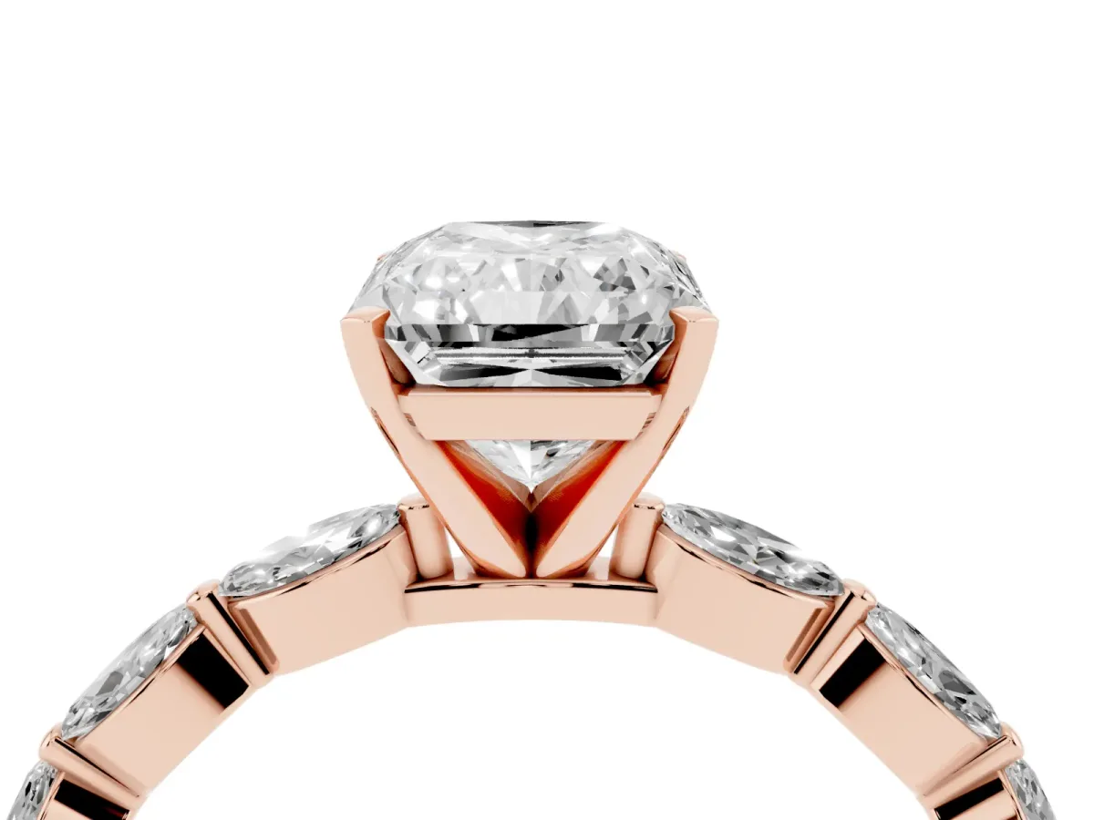 Radiant Cut Diamond Ring with Marquise Side Stones and Prong Setting Rose gold