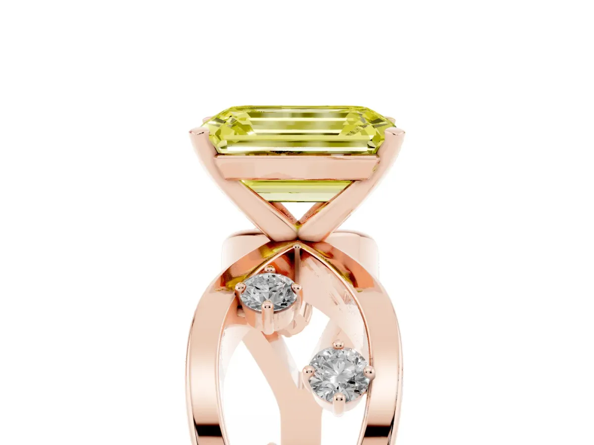Fancy Yellow Emerald Cut Cut Solitaire Diamond with Side Stones on Criss-Cross Band and Four-Prong Setting Rose gold