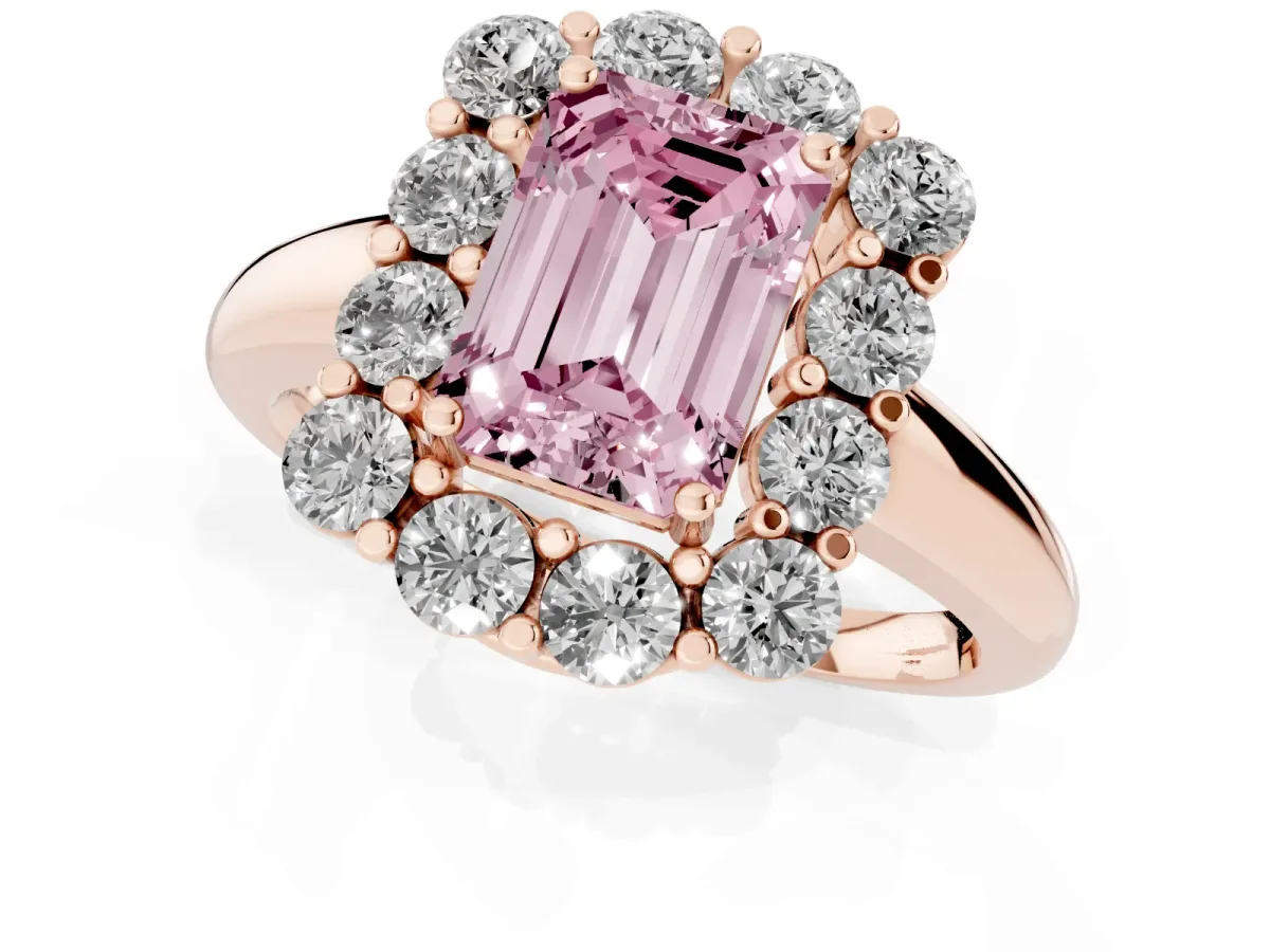 Fancy Pink Emerald Cut Halo Cluster Diamond Engagement Ring with Prong Setting and Polished Band Rose gold
