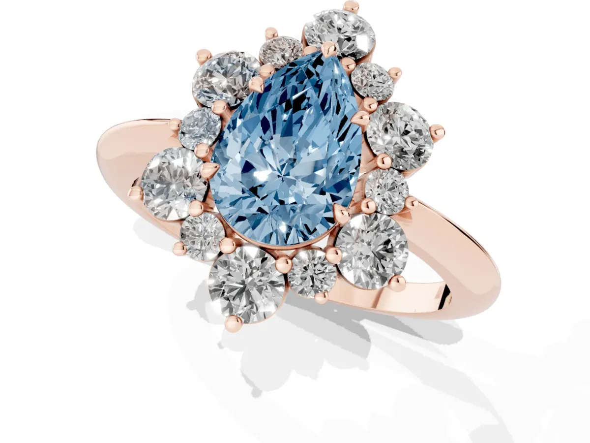 Fancy Blue Pear Cut Diamond Cluster Halo Ring with Solitaire Band and Four-Prong Setting Rose gold