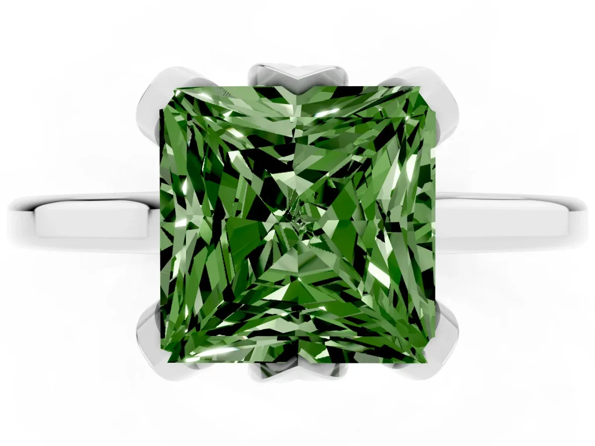 Fancy Green Princess Cut Diamond Solitaire Ring with Flower Prong Setting and Classic Band Platinum