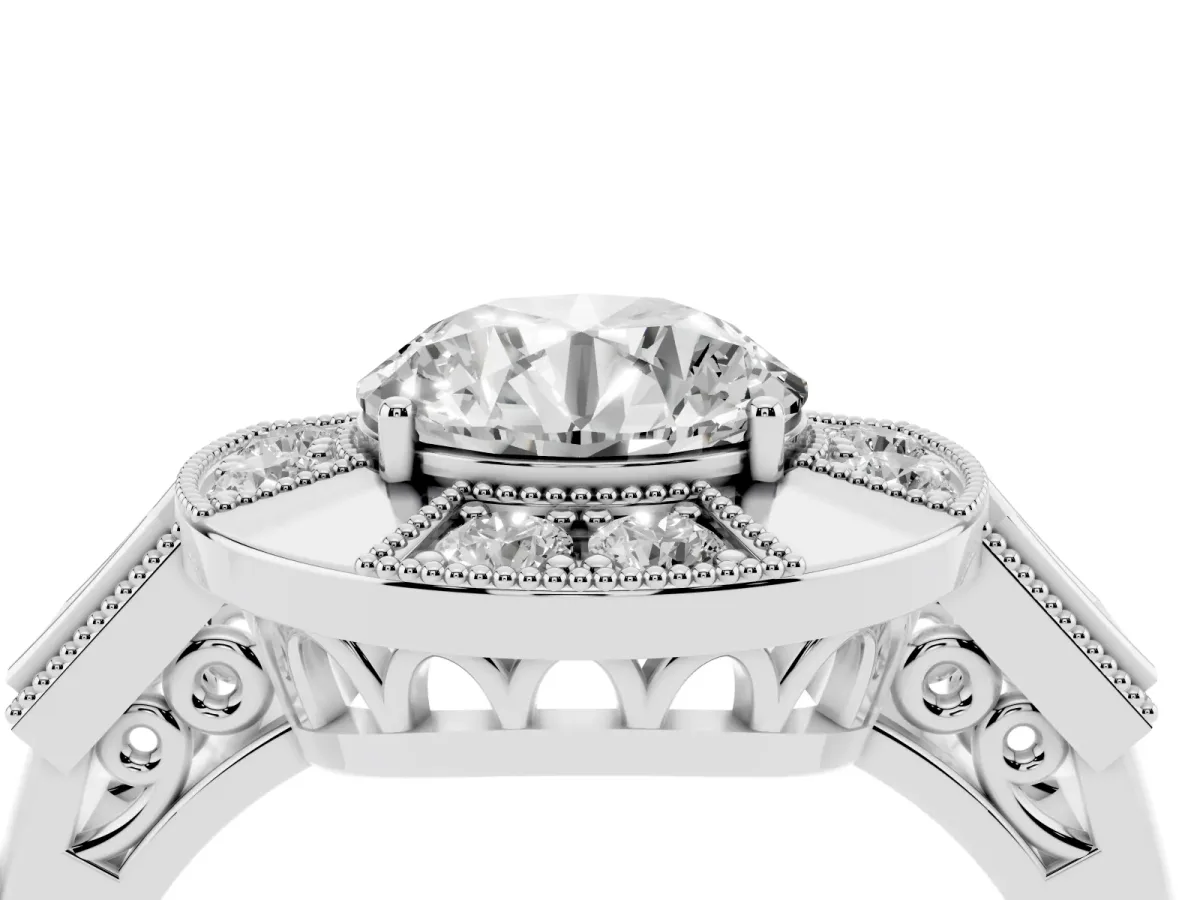 Milgrain Round Cut Diamond Halo Split Shank Ring Platinum