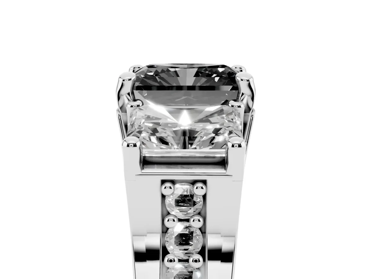 Fancy Black Radiant Cut Diamond Three-Stone Ring with Channel Set Band and Four-Prong Setting Platinum