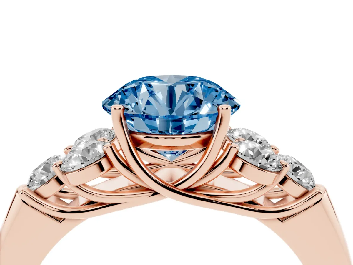 Fancy Blue Round Cut Cut Diamond Cluster Ring with Round Accent Stones and Prong Setting on a Classic Band Rose gold
