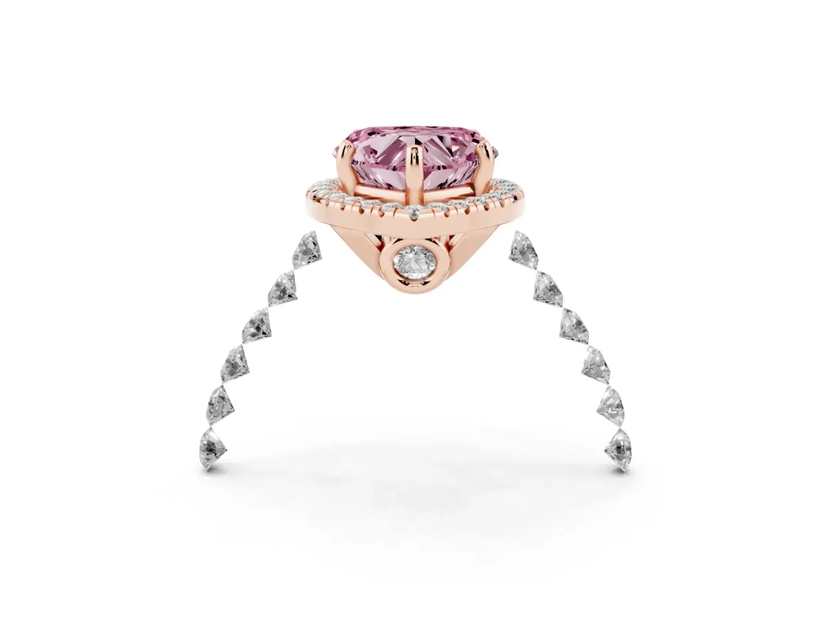 Fancy Pink Heart Cut Halo Pavé Diamond Engagement Ring with Four-Prong Setting Rose gold