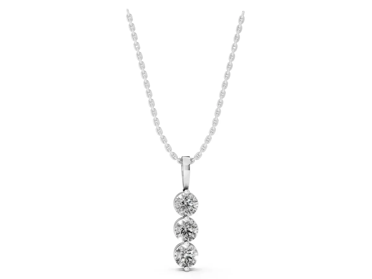 Three-Stone Round Diamond Drop Pendant with Four-Prong Setting Silver