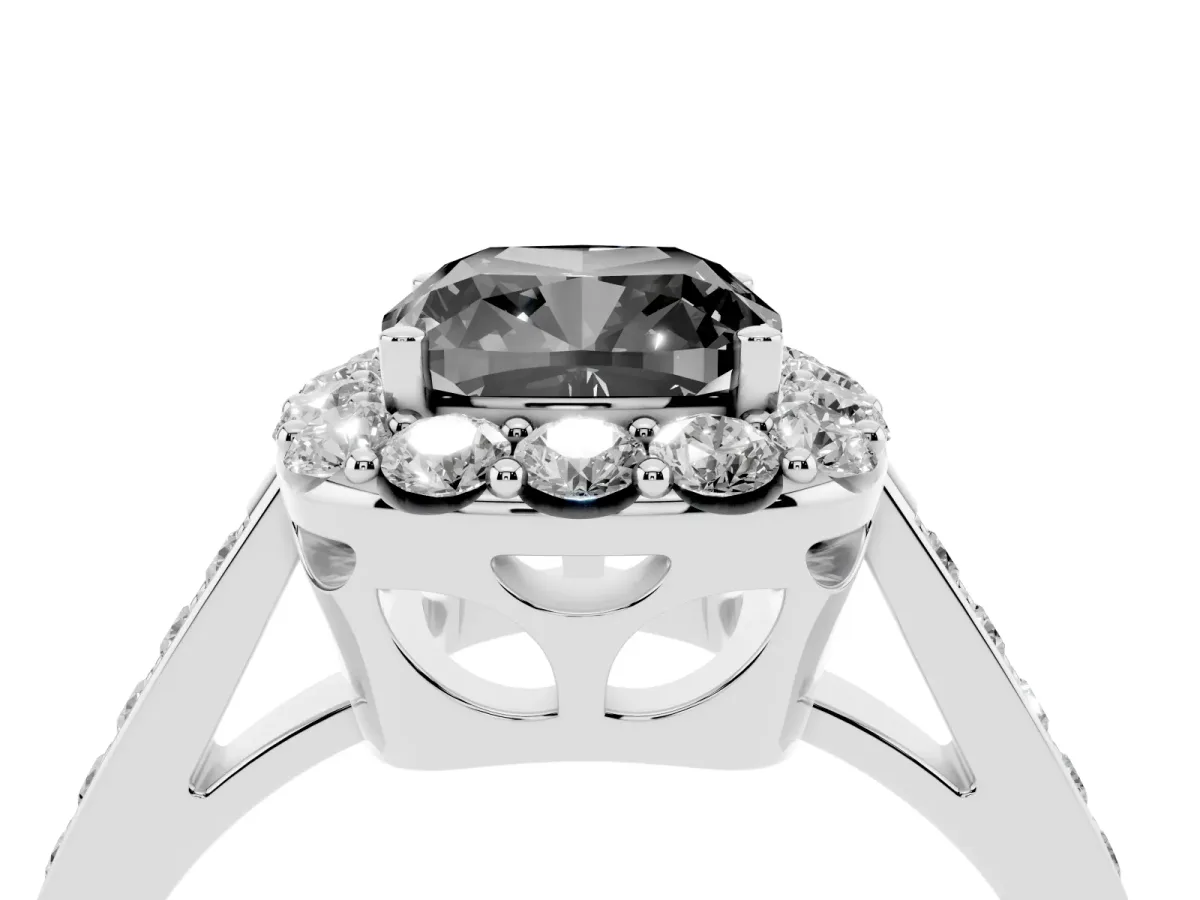 Fancy Black Cushion Cut Diamond Floral Halo Ring with Pavé Band and Prong Setting White gold