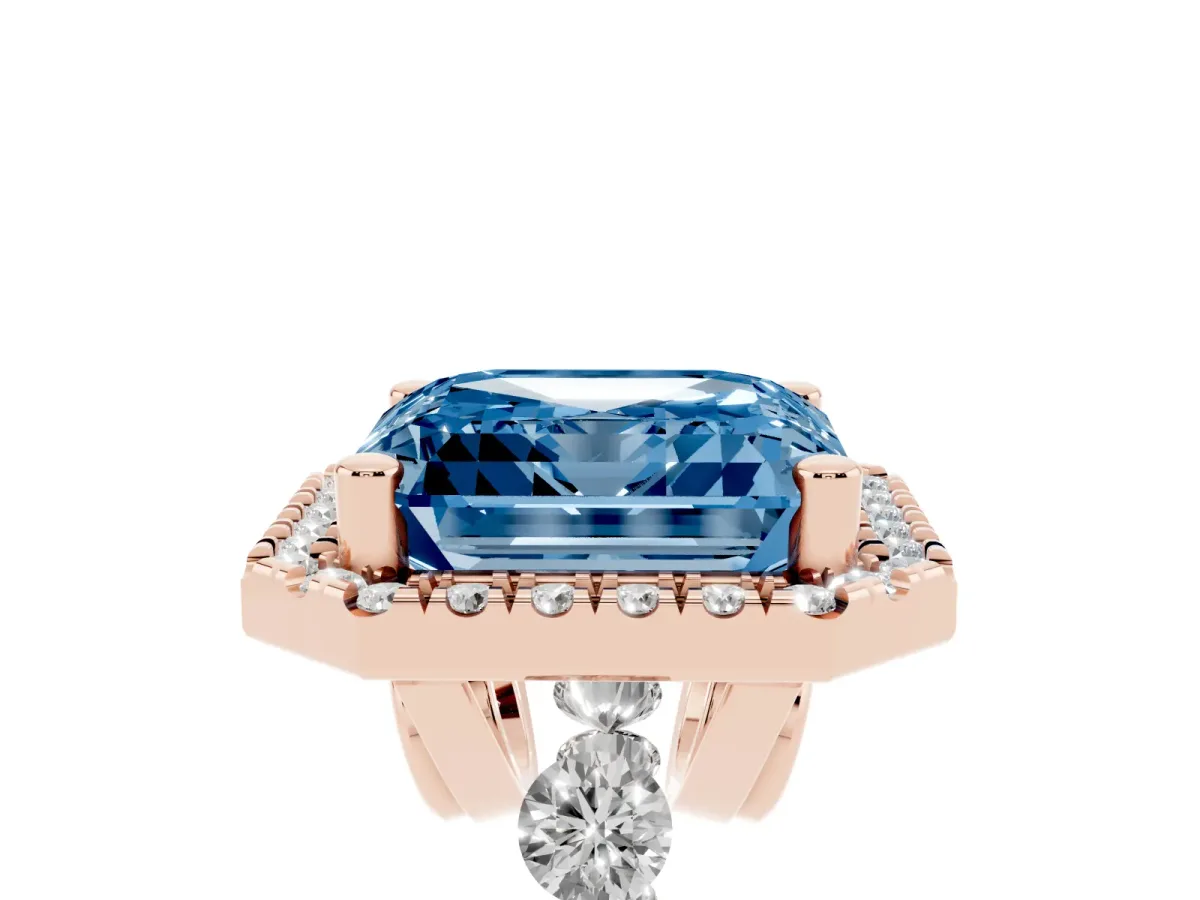 Fancy Blue Asscher Cut Halo Pavé Diamond Engagement Ring with Four-Prong Setting Rose gold