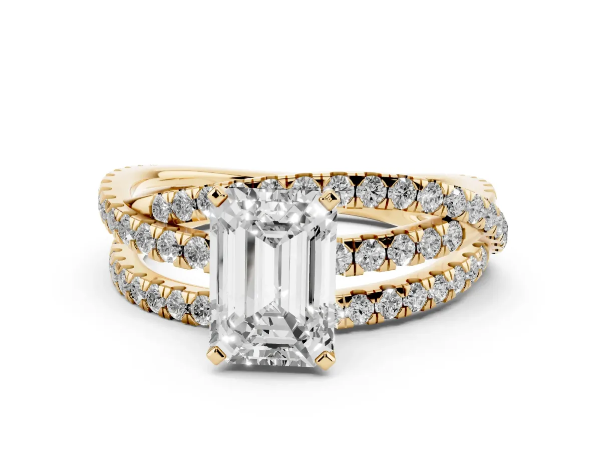 Emerald Cut Solitaire Twist Band with Pavé Setting and Four-Prong Setting Yellow gold