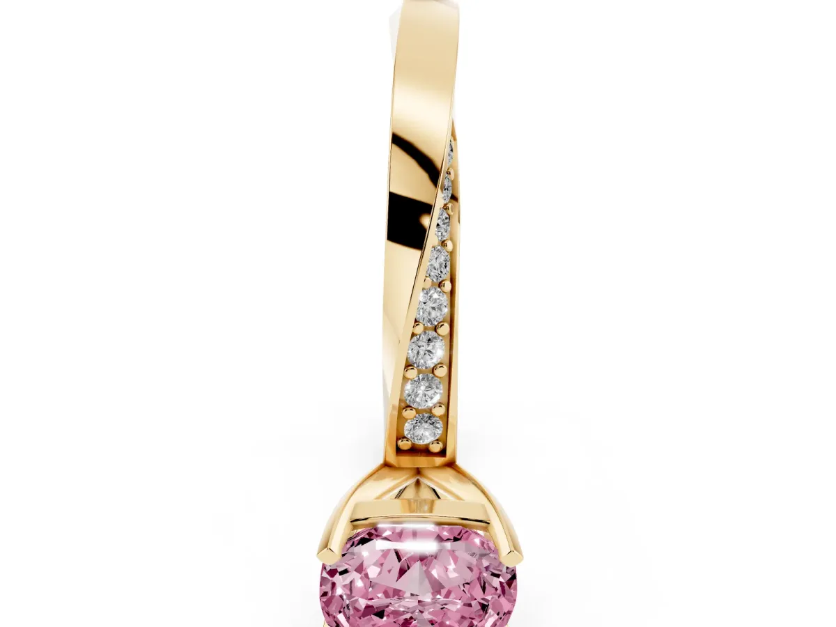 Fancy Pink Cushion Cut Diamond Engagement Ring with Side Stone Accents and Four-Prong Setting Yellow gold