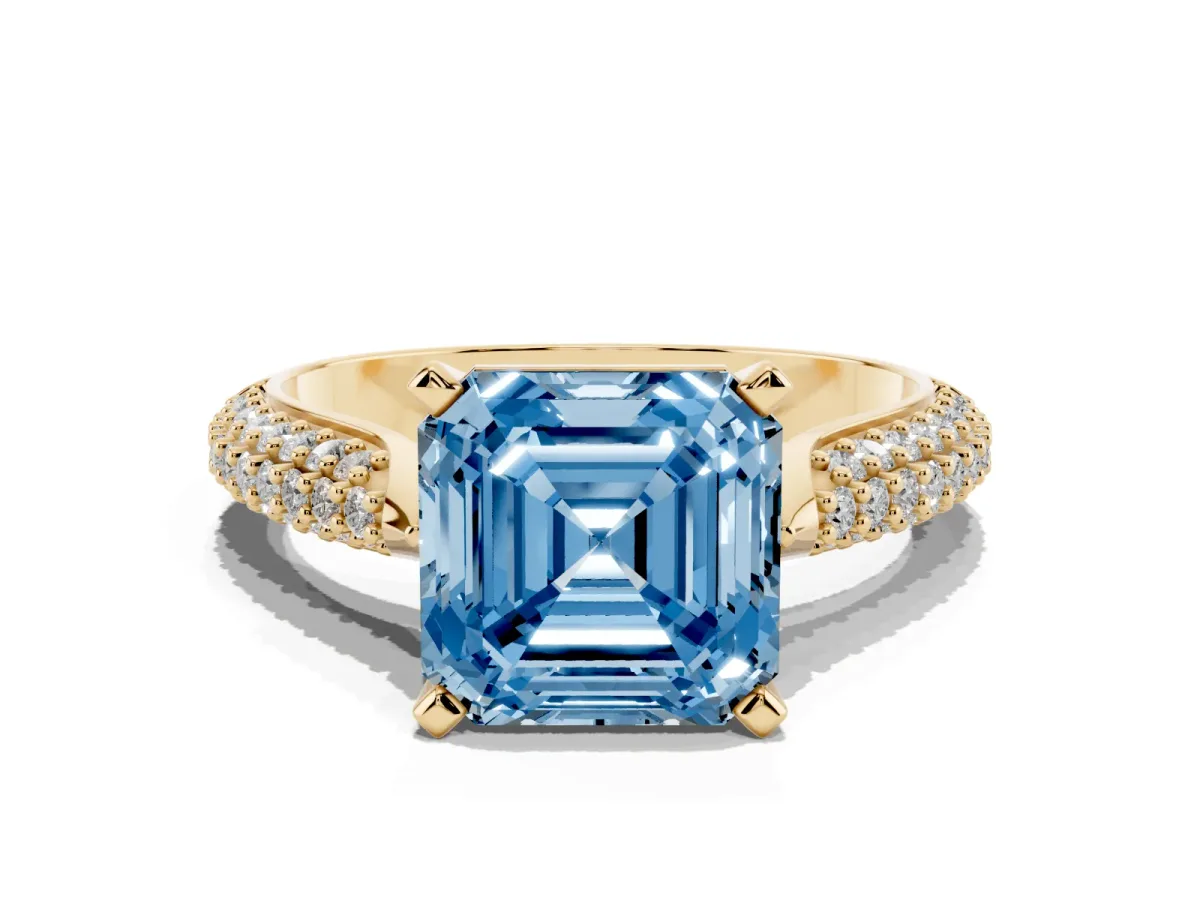 Fancy Blue Asscher Cut Diamond Solitaire Engagement Ring with Multi-Row Round Pavé Band and Prong Setting Yellow gold