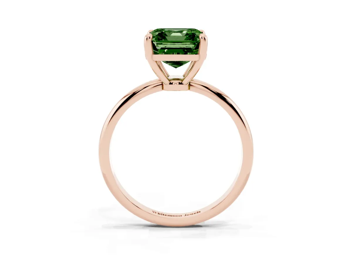 Fancy Green Asscher Cut Solitaire Diamond Ring with 4-Prong Setting on a Classic Band Rose gold