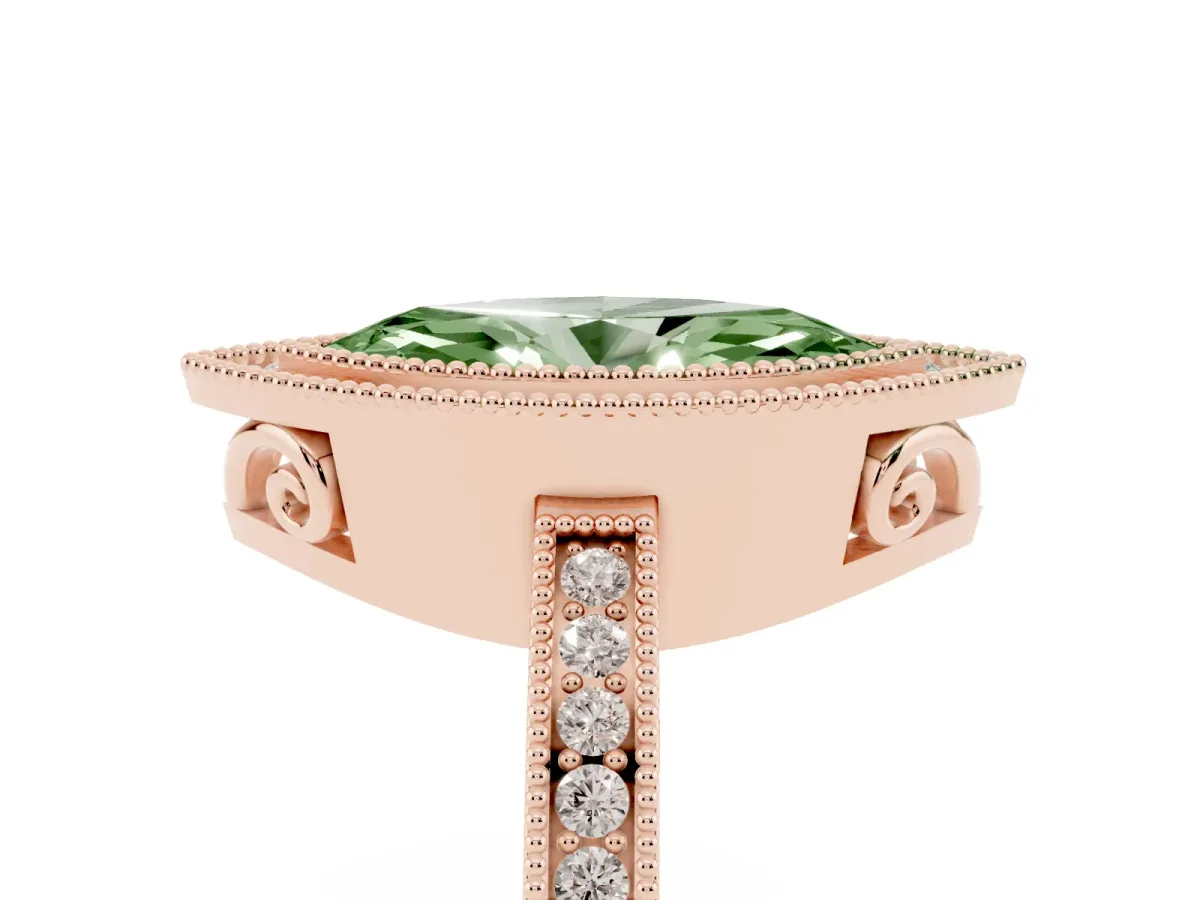Fancy Green Marquise Cut Cut Halo Diamond Ring with Pavé Band and Milgrain Prong Setting Rose gold