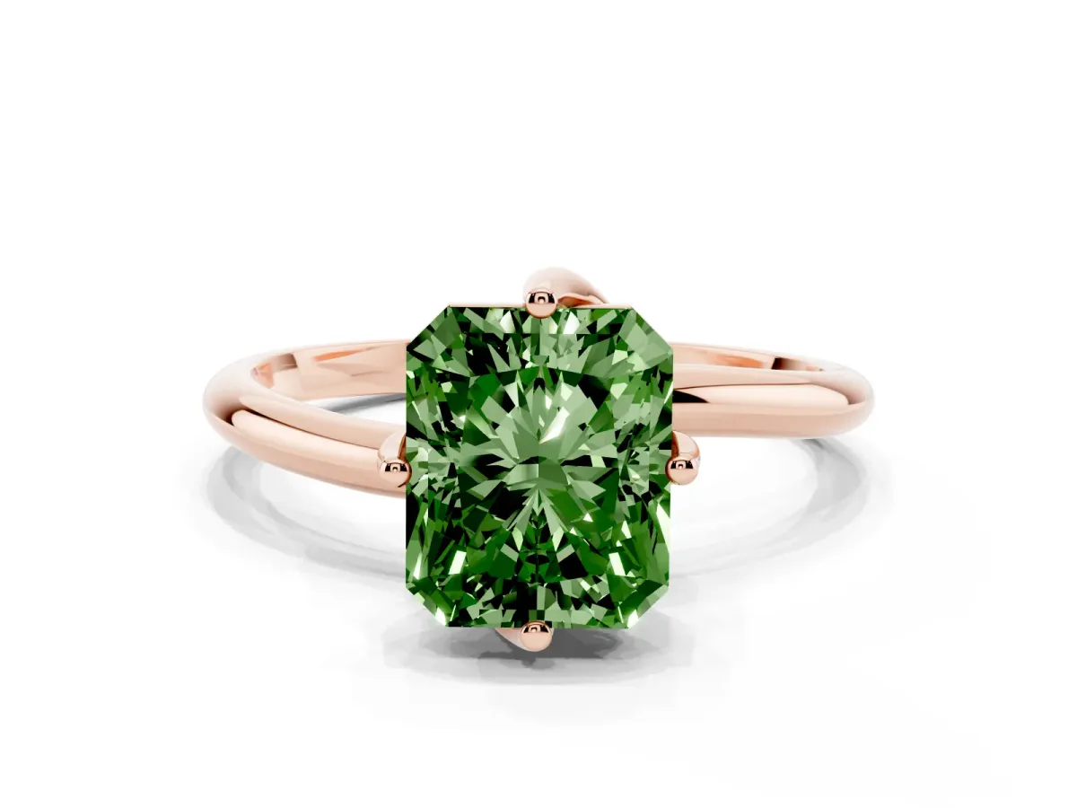 Fancy Green Radiant Cut Diamond Solitaire Engagement Ring with Four-Prong Setting and Classic Band Rose gold