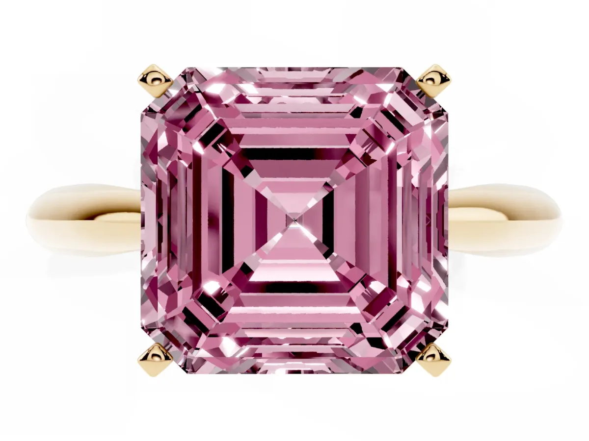 Fancy Pink Asscher Cut Diamond Solitaire Engagement Ring with Cathedral Setting and Four-Prong Mount Yellow gold