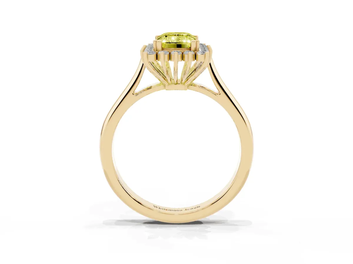 Fancy Yellow Emerald Cut Cut Diamond Halo Ring with Solitaire Band and Prong Setting Yellow gold