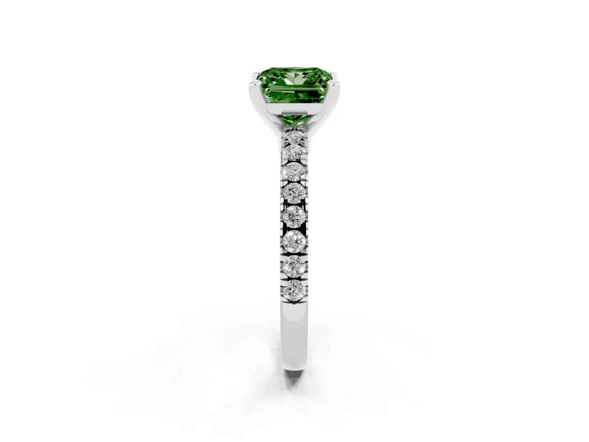 Fancy Green Princess Cut Solitaire Diamond with Pavé Band and Four-Prong Setting Platinum