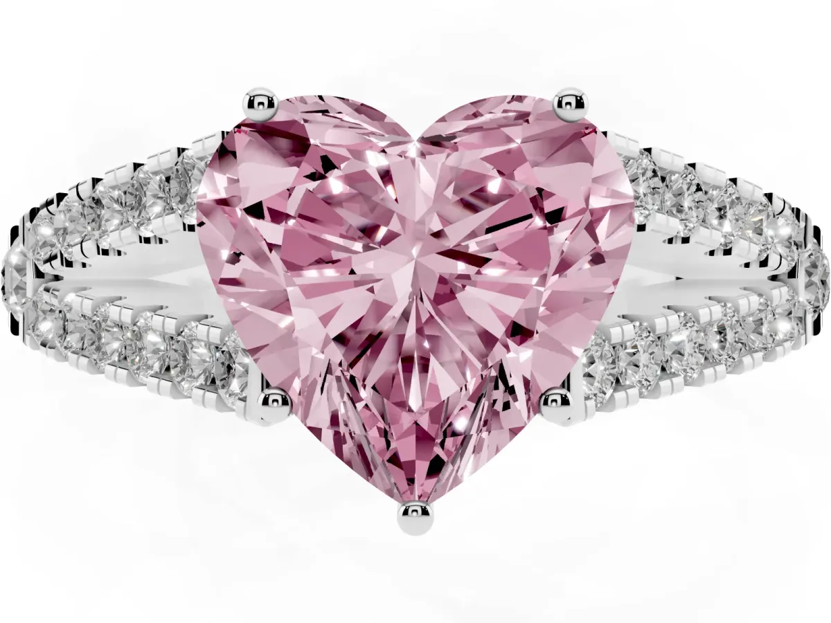 Fancy Pink Heart Cut Diamond Split Shank Engagement Ring with Round Pavé and Prong Setting Silver