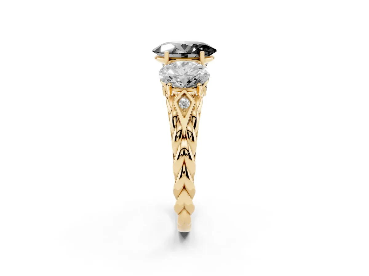 Fancy Black Three-Stone Oval Cut Diamond Braided Band Ring with Four-Prong Setting Yellow gold