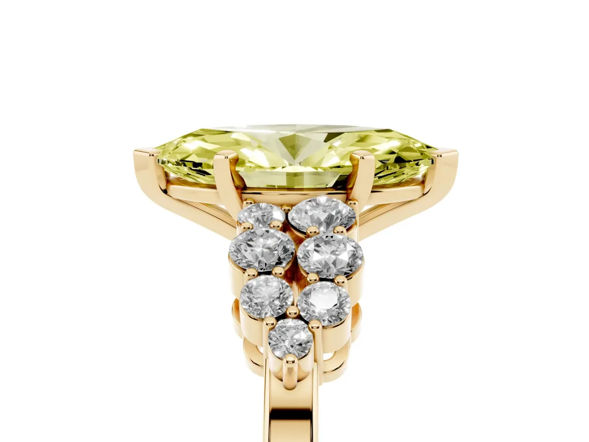 Fancy Yellow Marquise Cut Cluster Diamond Engagement Ring with Pavé Band and Four-Prong Setting Yellow gold
