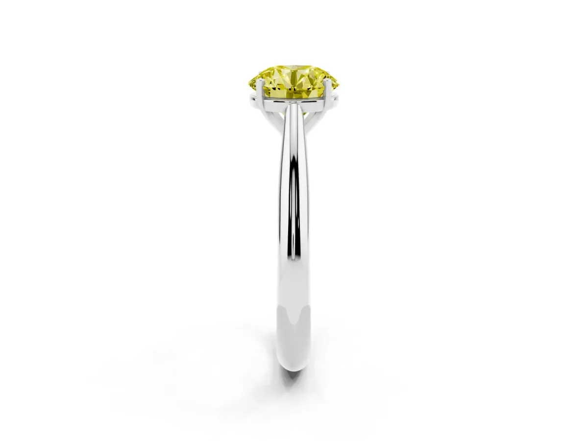 Fancy Yellow Round Cut Diamond Solitaire Engagement Ring with Cathedral Setting and Four-Prong Mount Silver