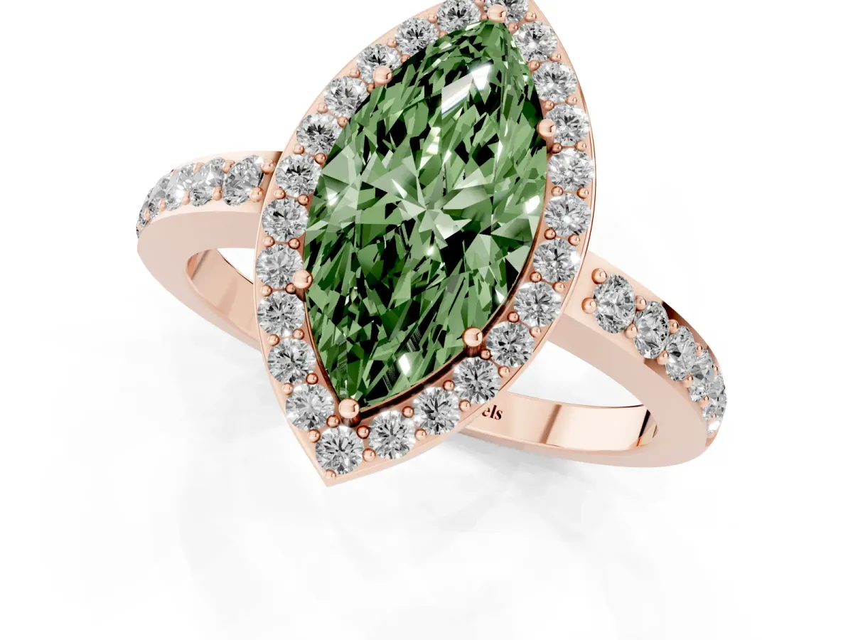 Fancy Green Marquise Cut Halo Diamond Pavé Band Ring with Prong Setting Rose gold