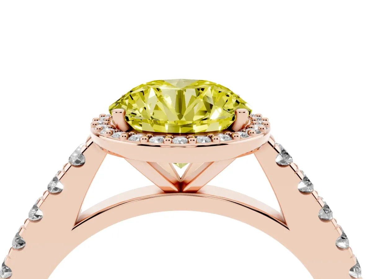 Fancy Yellow Round Cut Cut Halo Diamond Engagement Ring with Pave Band and Four-Prong Setting Rose gold