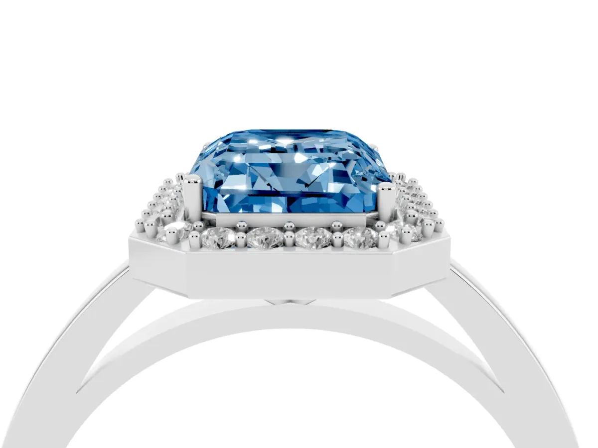 Fancy Blue Radiant Cut Halo Diamond Ring with Solitaire Band and Prong Setting Silver