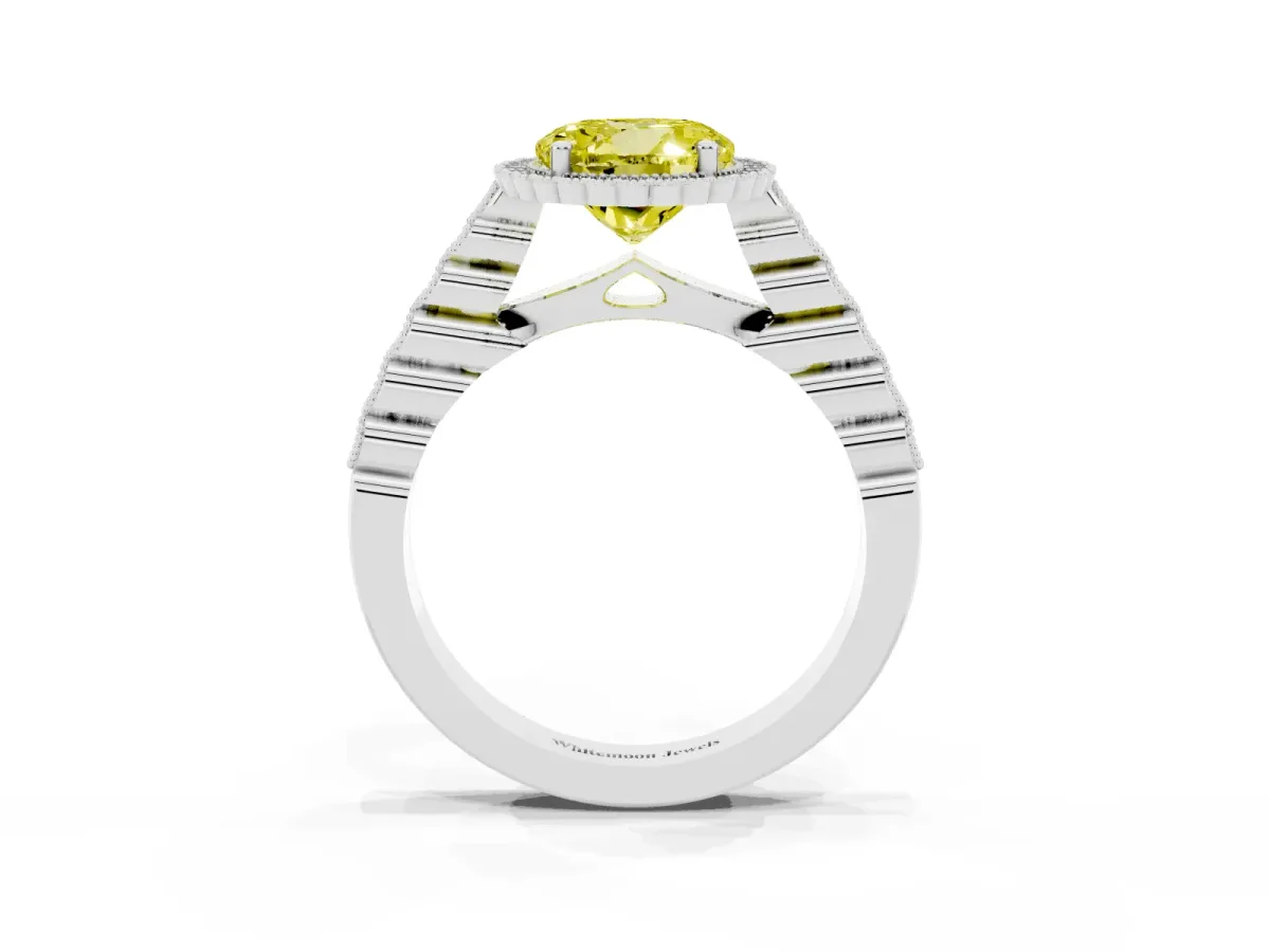 Fancy Yellow Round Cut Cut Halo Pavé Solitaire Ring with Milgrain Band White gold