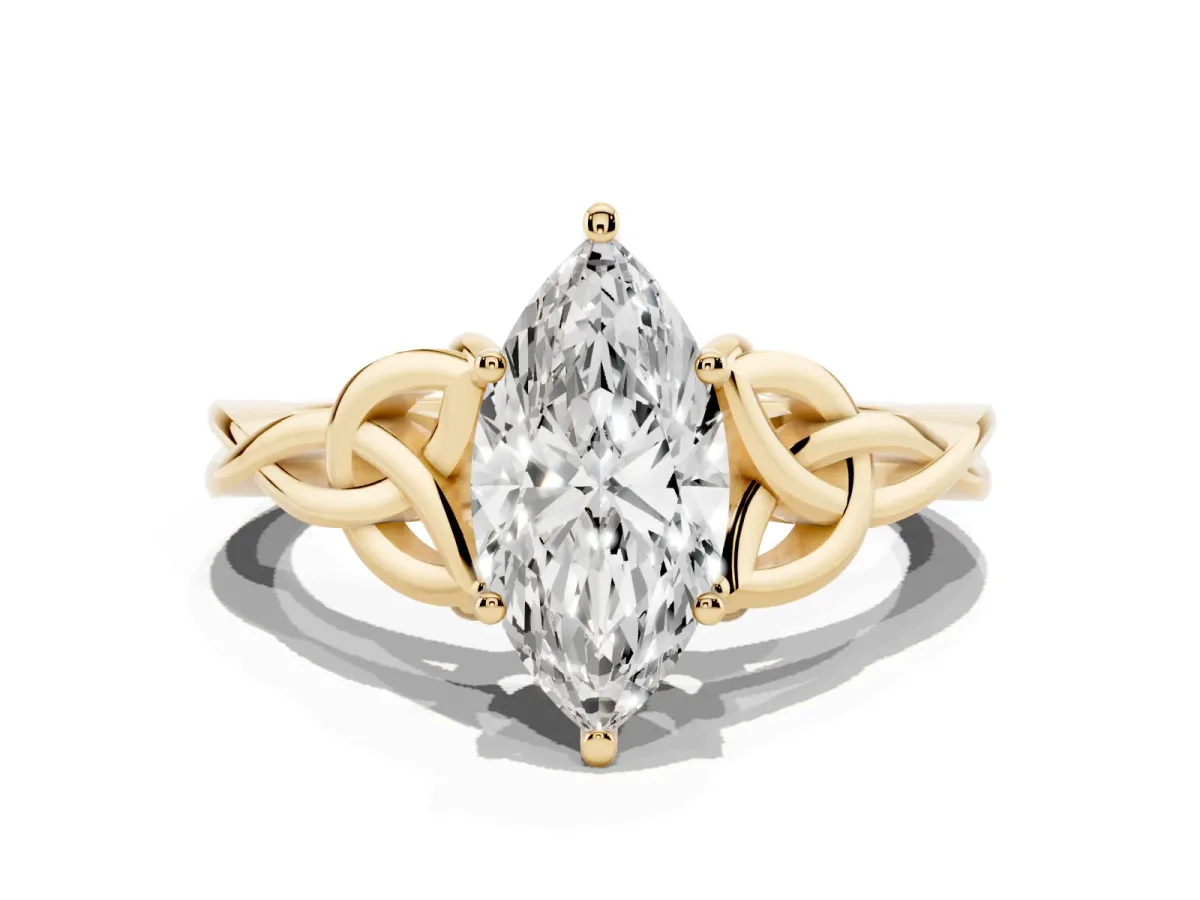 Marquise Cut Diamond Solitaire Engagement Ring with Celtic Knot Band and Four-Prong Setting Yellow gold