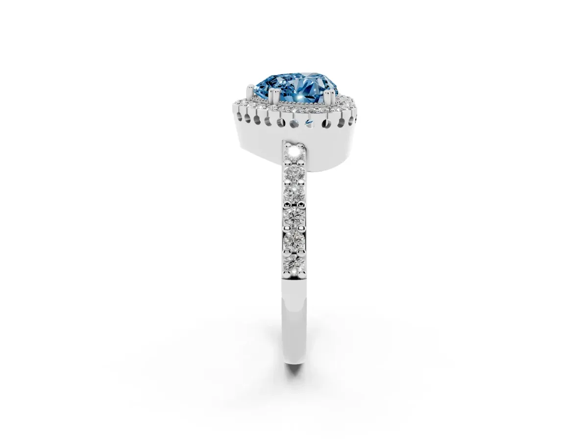 Fancy Blue Heart Cut Cut Diamond Halo Engagement Ring with Milgrain Detail and Pavé Band Platinum