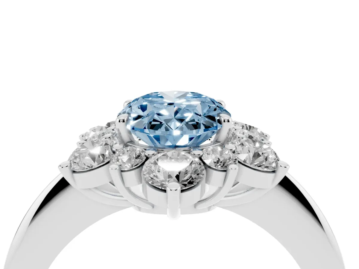 Fancy Blue Oval Cut Diamond Cluster Halo Ring with Solitaire Band and Four-Prong Setting Silver
