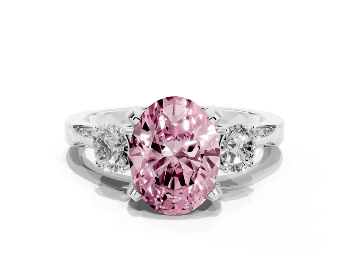 Fancy Pink Oval Cut Brilliant Three-Stone Diamond Ring with Pavé Band and Four-Prong Setting Platinum