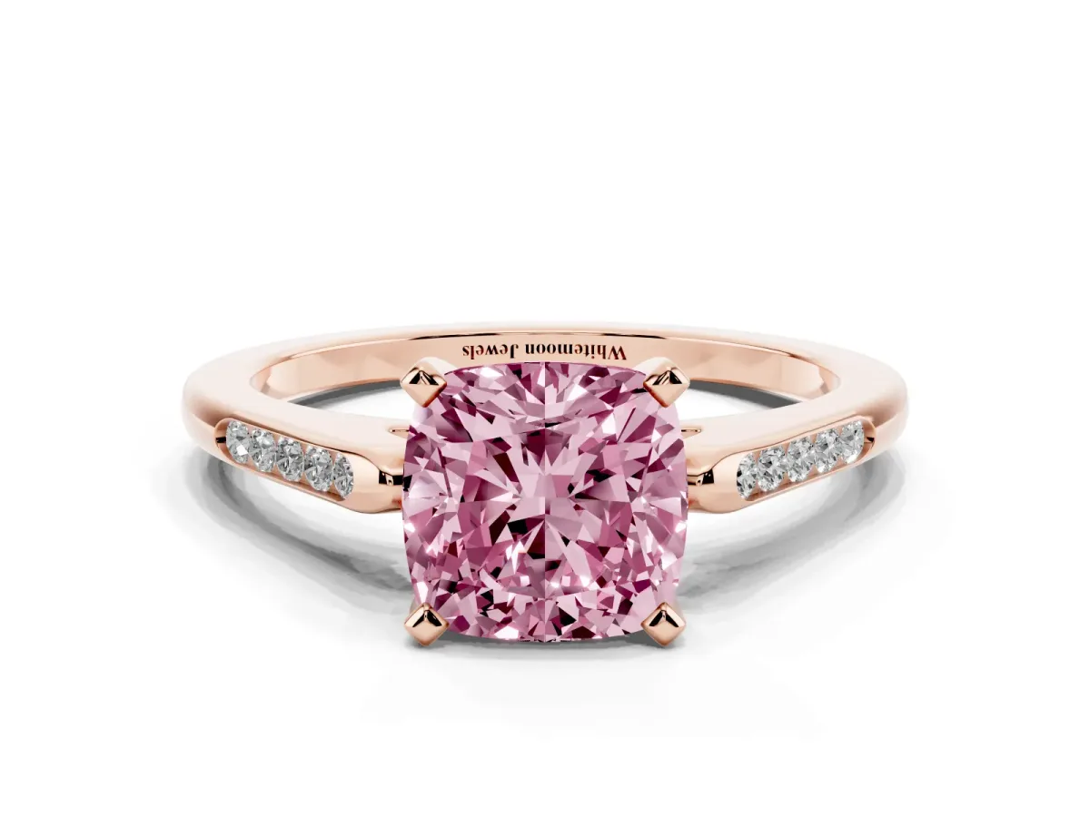 Fancy Pink Cushion Cut Diamond Solitaire Ring with Channel Set Round Band and Prong Setting Rose gold
