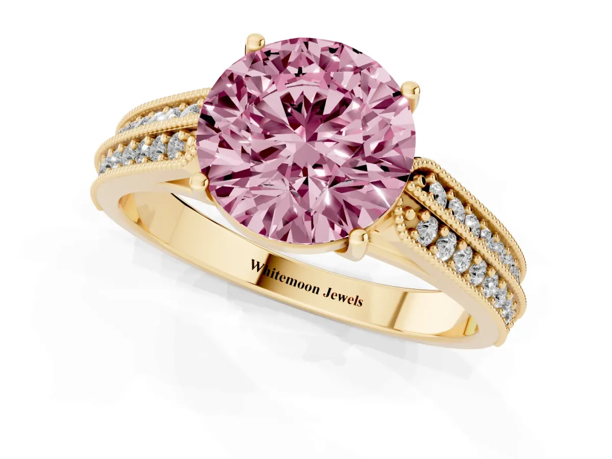 Fancy Pink Round Cut Cut Pave Split Shank Engagement Ring with Four-Prong Setting Yellow gold