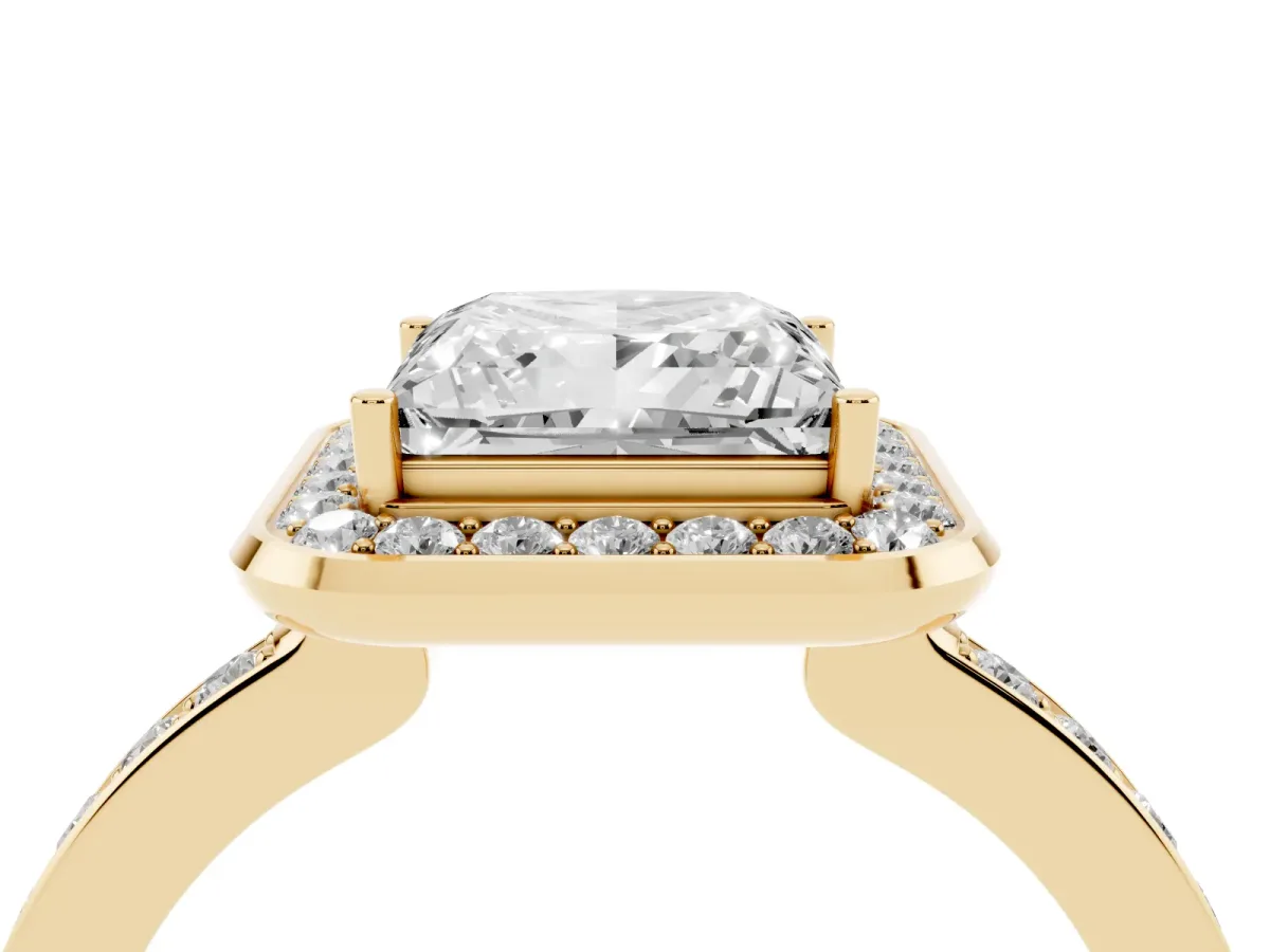 Princess Cut Diamond Halo Ring with Bezel Frame and Pavé Band Yellow gold