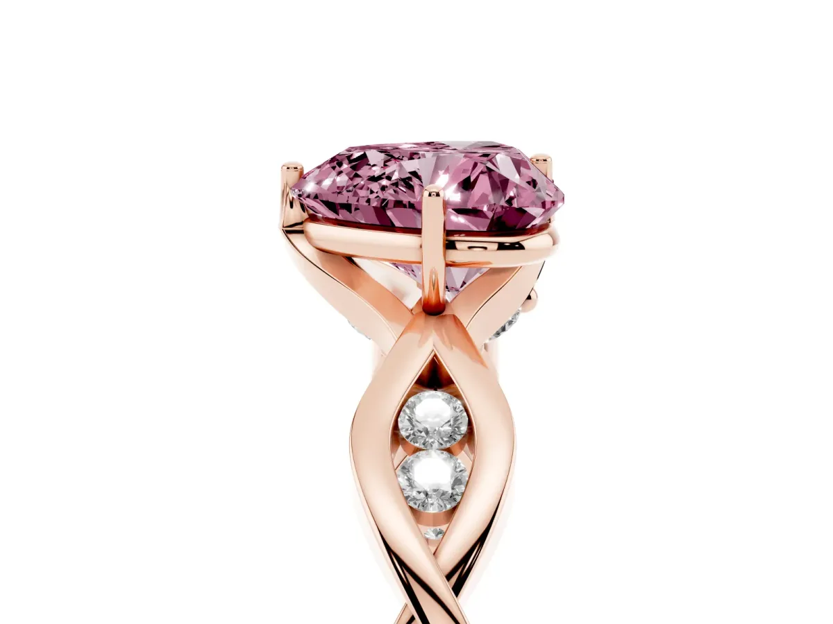 Fancy Pink Heart Cut Solitaire Twist Band with Leaf Prong Setting Rose gold