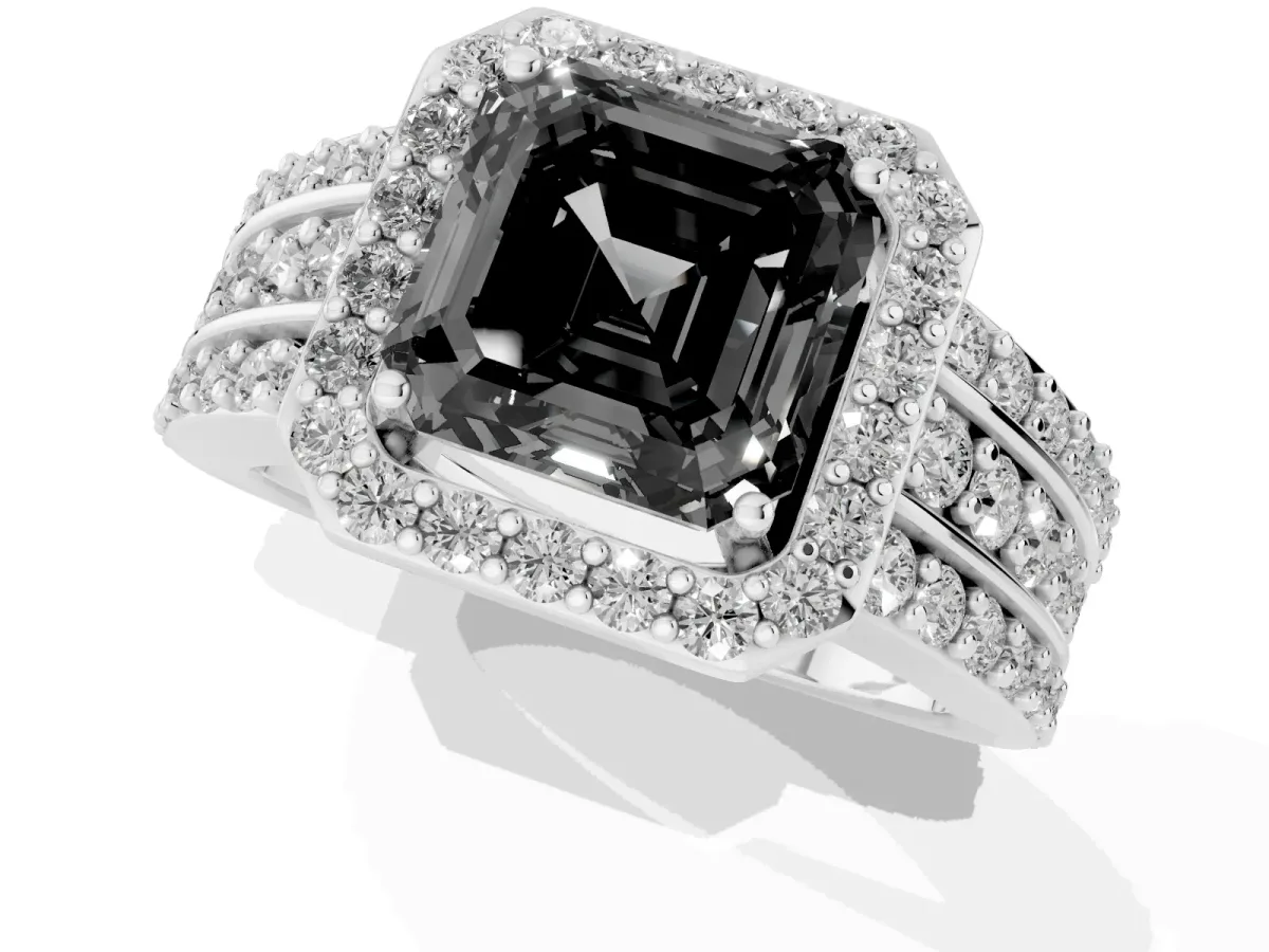 Fancy Black Asscher Cut Halo Diamond Ring with Round Split Shank and Prong Setting Platinum