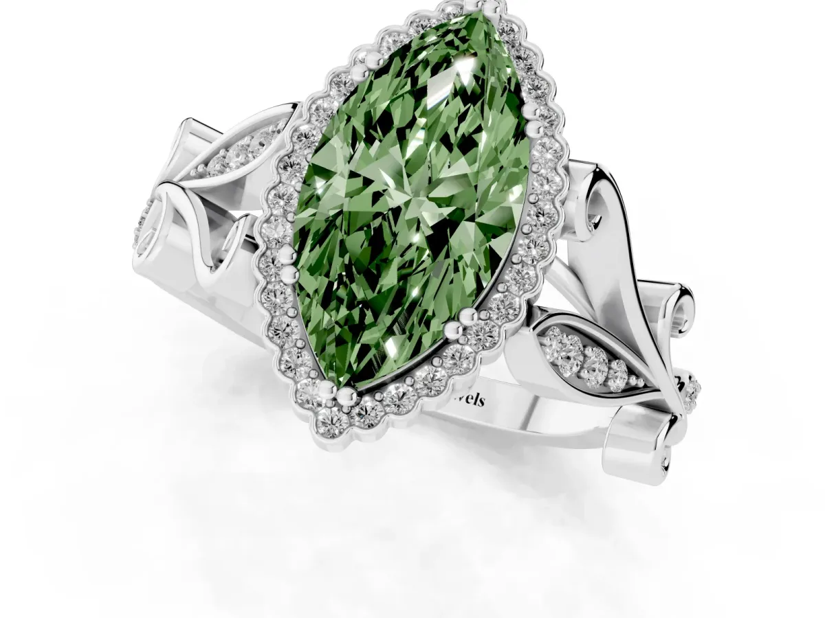 Fancy Green Marquise Cut Diamond Halo Ring with Vintage Split Shank and Four-Prong Setting Silver