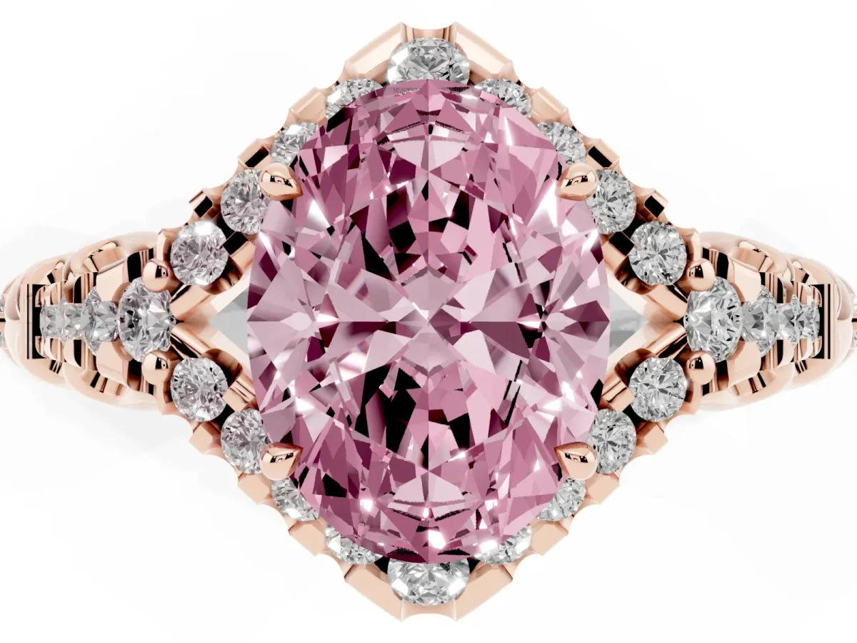 Fancy Pink Oval Cut Diamond Solitaire Ring with Hidden Halo and Pavé Band Rose gold